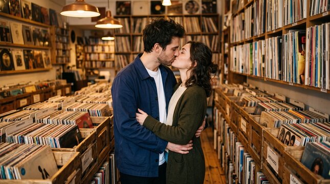 Young couple kissing and embracing in a vintage vinyl record store.