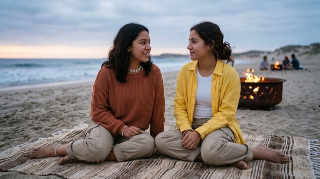 Two women sitting on beach blanket talking near fire pit at sunset
