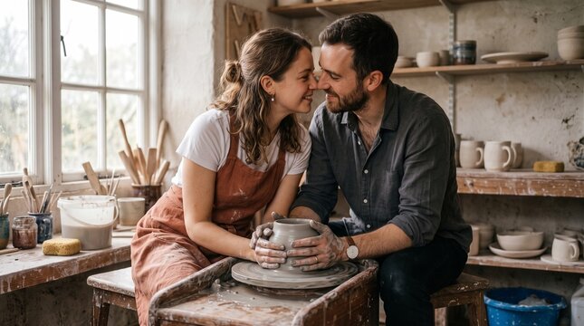 Young couple sharing romantic moment while throwing clay on a pottery wheel in a studio.