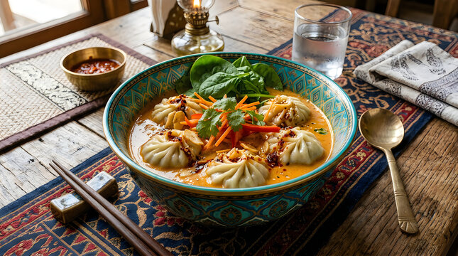 Delicious bowl of hot spicy dumplings in a flavorful coconut milk soup served on a wooden table