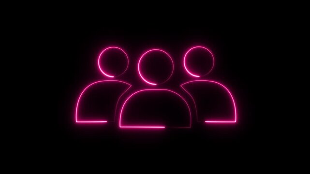 Group of three people icon isolated animation . neon man group animation. Glowing neon line group user icon animation black background. . 4K Video motion graphic