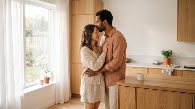 Diverse couple embracing with man kissing woman's forehead in a modern kitchen.