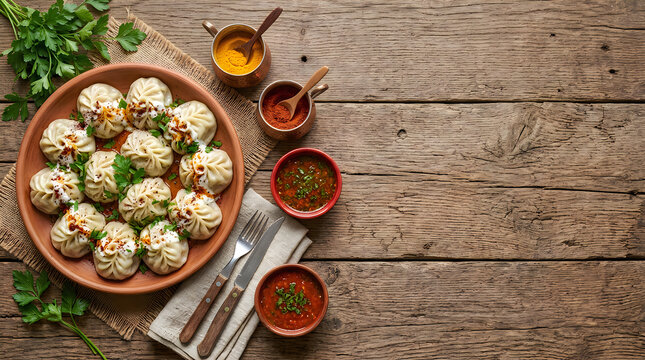 Plate of steamed dumplings with dipping sauces on a rustic wooden table