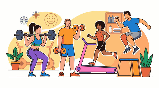 Diverse group exercising with weights treadmill and plyo boxes