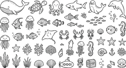  Cute Sea Creatures and Underwater Marine Life Hand Drawn Doodle Set featuring Whales Turtles Sharks Jellyfish Coral Reefs and Submarine Travel Icons for Kids Graphic Designs © Himel