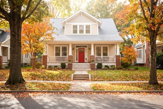Charming suburban house with a bright red front door and a welcoming porch, surrounded by vibrant autumn foliage and fallen leaves on a sunny day