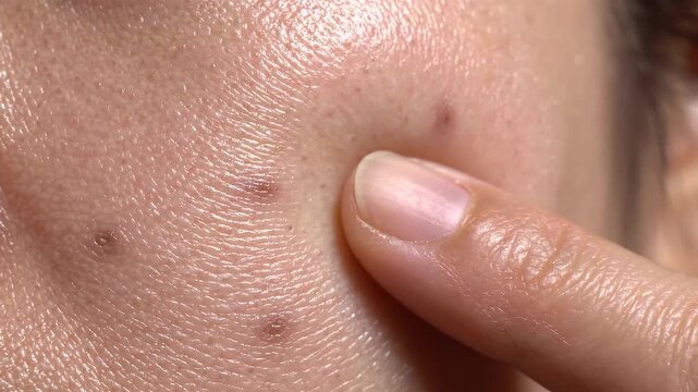 Close-up view of skin pores and blackheads with a finger pointing to a blemish during a facial extraction procedure.
