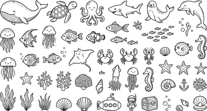  Cute Sea Creatures and Underwater Marine Life Hand Drawn Doodle Set featuring Whales Turtles Sharks Jellyfish Coral Reefs and Submarine Travel Icons for Kids Graphic Designs