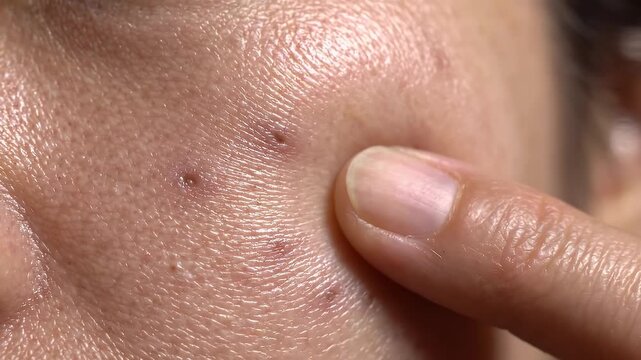 Extreme macro photography of facial skin with visible blackheads and enlarged pores during a dermatological examination.