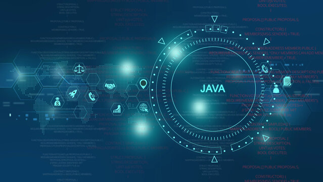 Digital interface with a glowing circular hud containing the word java, surrounded by business map silhouette, and data network lines on a dark blue background, for programming