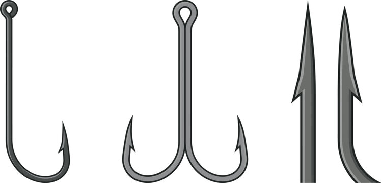 Fishing Hook Anatomy Vector Set Featuring Single and Double Hooks with Detailed Close Ups of Sharp Point and Prominent Barb Tackle Elements
