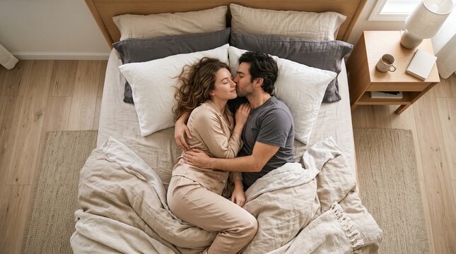 Young couple embracing and kissing in bed during cozy morning at home.