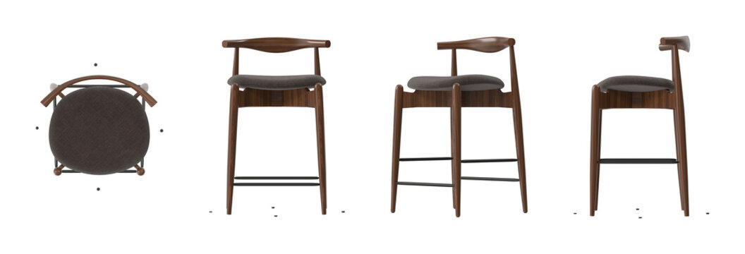 Modern wooden bar stool with upholstered seat and curved backrest
