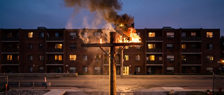 Wooden utility pole catching fire with smoke at night near apartments