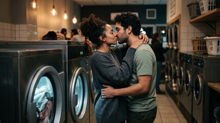 Naklejka premium Diverse young couple kissing and embracing in a public laundromat.