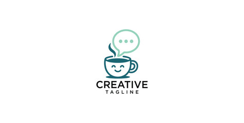Minimalist Coffee Cup Logo Design Featuring a Happy Smiley Face and Chat Bubble for Social Cafe Branding