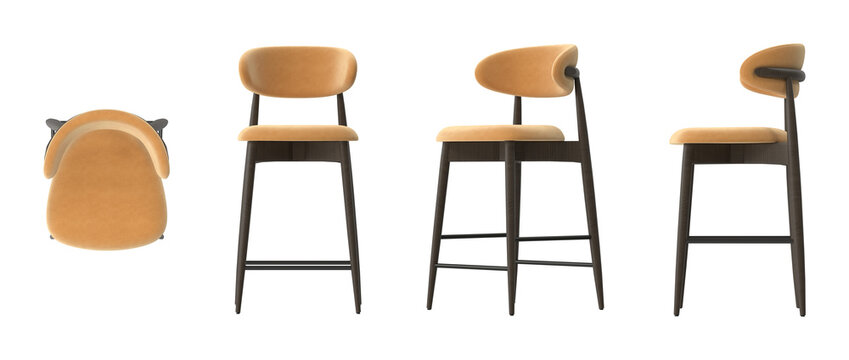 Modern bar stool with plush orange upholstery and dark wood frame