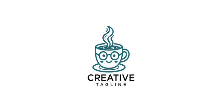 Delightful minimalist coffee cup character logo with a friendly smile and glasses, radiating smart charm for creative brands and warm beverage services