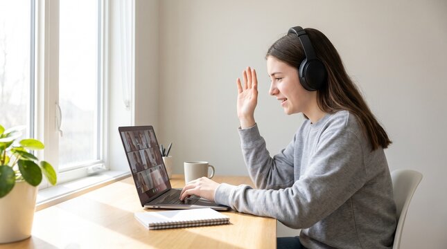 Teen girl waving at laptop during online video conference class