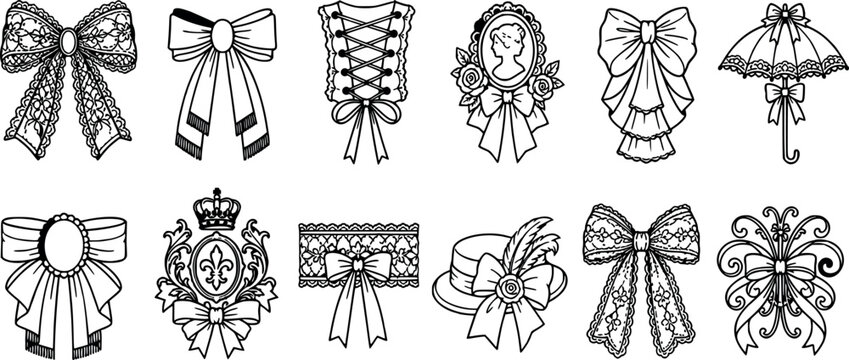 Set of vintage style decorative bows, lace, and victorian fashion accessories transparent background