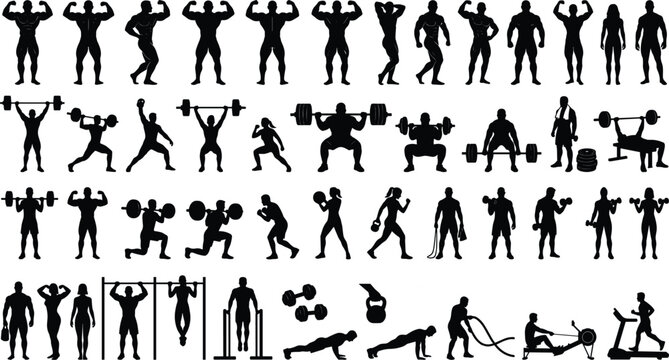 Bodybuilding and fitness silhouette collection with weightlifting workout exercise and gym training posesBodybuilding and fitness silhouette collection 