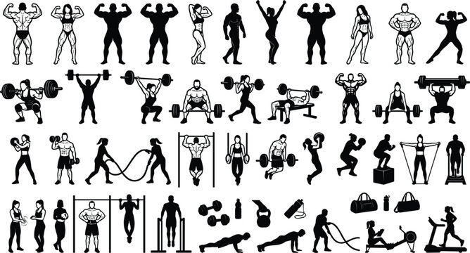 Bodybuilding and fitness exercise collection featuring weightlifting gym workouts athletes and training silhouettesBodybuilding and fitness exercise collection featuring weightlifting gym 
