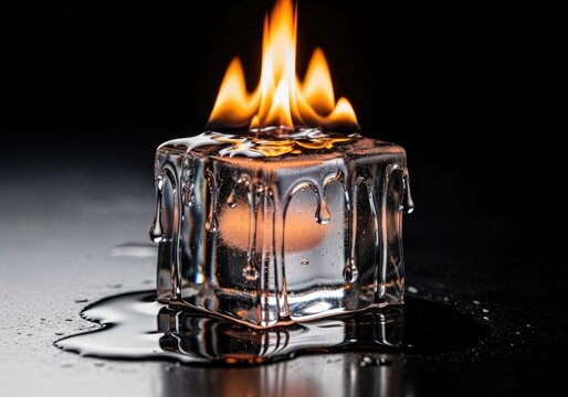 Glowing fire inside melting square ice block.