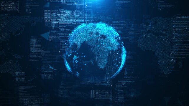 Blue digital globe world map particles, code panels, data networks, global technology depth. cyber security videos, software promos, internet communication, business analytics, worldwide data visuals.