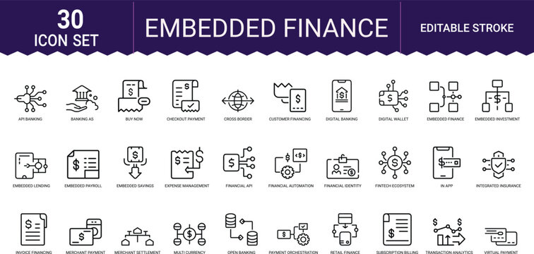 Thirty linear icons representing embedded finance and modern fintech banking service tools.