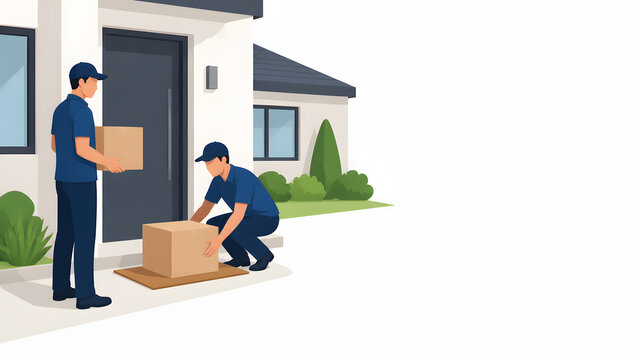 Courier Delivering Cardboard Box at Residential House Flat Illustration