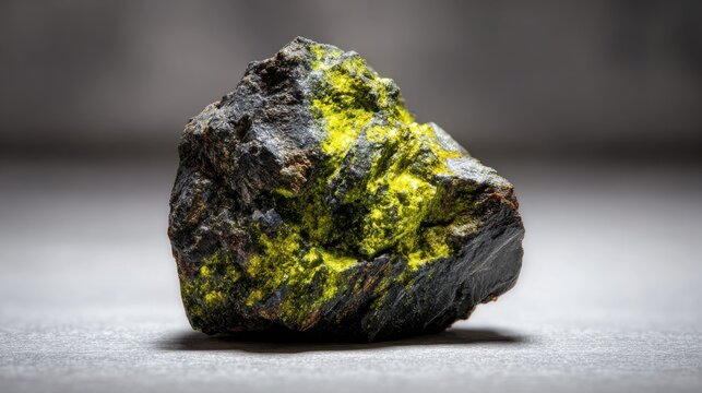 Dark mineral specimen with vibrant yellow inclusions. Detailed macro view showcases the intricate texture and striking contrast of natural mineral sample featuring bright yellow crystalline formations