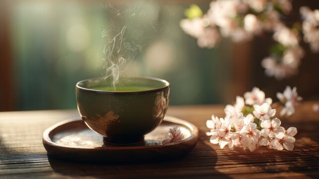 Steaming green matcha tea in ceramic bowl with delicate cherry blossoms nearby. Warm cup of vibrant green matcha tea emits gentle steam, set against backdrop of soft sunlight blooming cherry blossoms
