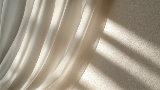 Soft fabric drapes gentle sunlight casting shadows on textured wall. Delicate, flowing fabric in neutral tone is illuminated by soft sunlight, creating serene elegant atmosphere with dappled shadows