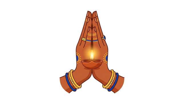 Traditional namaste hands holding glowing diya lamp for diwali festival