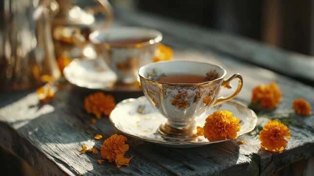 Elegant antique teacups with floral patterns golden trim sit on rustic wooden table. Ornate porcelain teacups filled amber liquid are placed on saucers, surrounded by vibrant orange marigold flowers