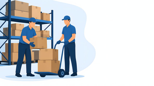 Warehouse Workers Loading Boxes onto Hand Truck Flat Illustration