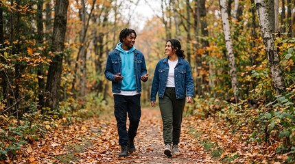 Fototapeta premium Diverse young couple walking and talking on a forest path in autumn.