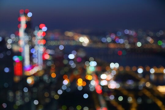 Night neons bokeh city. Night abstract city background of Yeouido district in Seoul, South Korea.