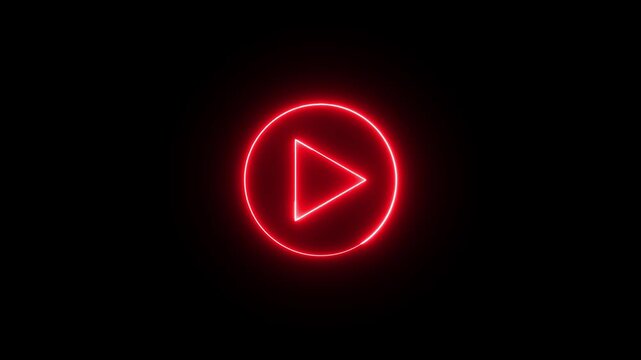green color play button on black background. Start button. Neon glowing play button. . Play button icon neon animation. Music play button icon animation.