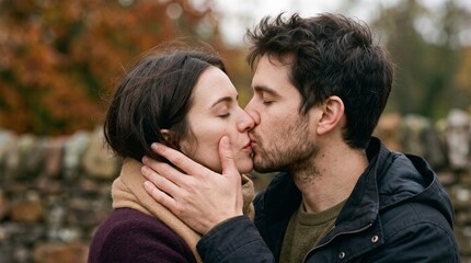 Fototapeta premium Romantic young couple kissing while embracing outdoors in autumn.