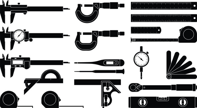 Precision Measuring Tools and Engineering Instruments Silhouette Vector Set with Calipers Micrometers Rulers and Levels