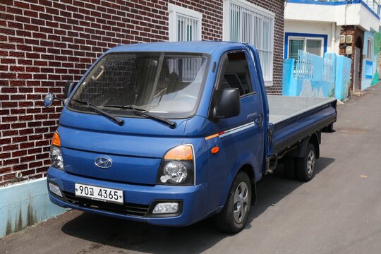 GEOJE, SOUTH KOREA - APRIL 1, 2023: Hyundai Porter cab-over Korean mini pickup truck in South Korea.
