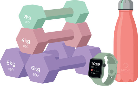 Fitness and Home Workout Gear Vector Illustration Featuring Stacked Colorful Hex Dumbbells Smartwatch and Water Bottle for Healthy Lifestyle Banner Designs