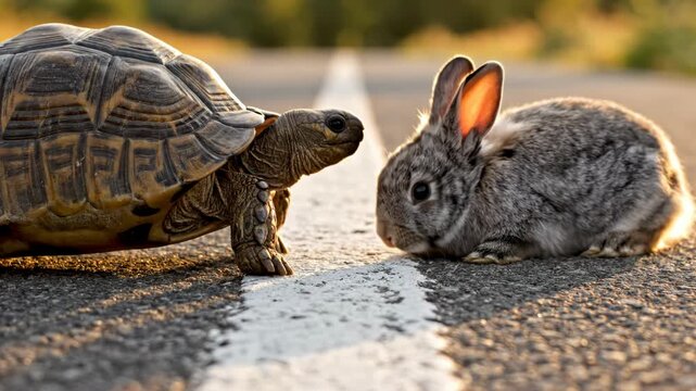 Tortoise and a grey rabbit facing each other on an asphalt road with a white dividing line at sunset, reenacting Aesop's fable of the tortoise and the hare race competition.