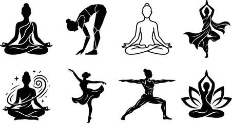 Set of black silhouette icons featuring women practicing yoga poses, meditation, and dancing for wellness and fitness concepts. © creativeDesigner2023