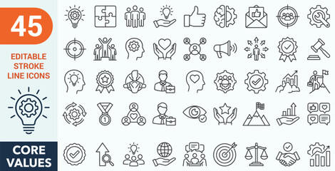 Core Values web icon set in line style. Innovation, integrity, customers, accountability, teamwork, goals, motivation collection. Editable stroke. Vector illustration. © Mustafiz