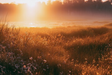 Fototapeta premium Golden sunrise over peaceful marshland with winding water channels and grassy wetlands, scenic natural landscape for ecology, travel and conservation themes.