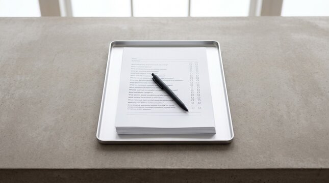 Checklist questionnaire form with pen on metal tray in minimalist office.