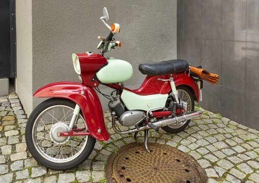 The town of Suhl Thuringia former German Democratic Republic. Vintage motorcycle. Simpson motorbike.