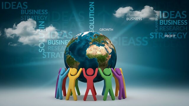 Colorful figures holding globe symbolizing global business collaboration and growth ideas